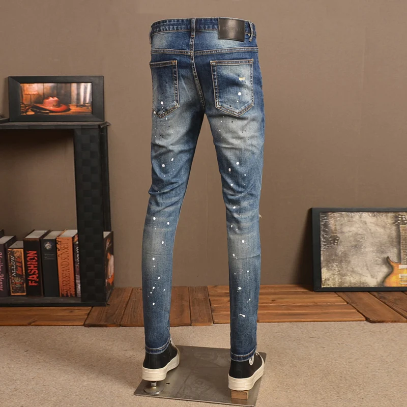 Street Fashion Designer Men Jeans Retro Blue Stretch Slim Fit Patched Ripped Jeans Men Y2K Painted Vintage Denim Pants Hombre