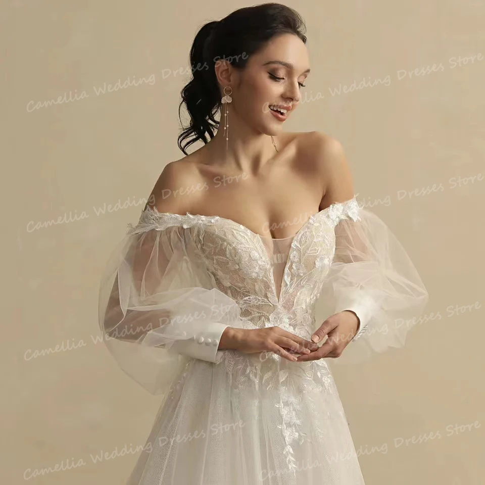 Vestidos de novia elegantes de manga larga para mujer, Vestidos de novia sexys de corte en A, escote Corazón, Espalda descubierta, hombros descubiertos, tul de encaje