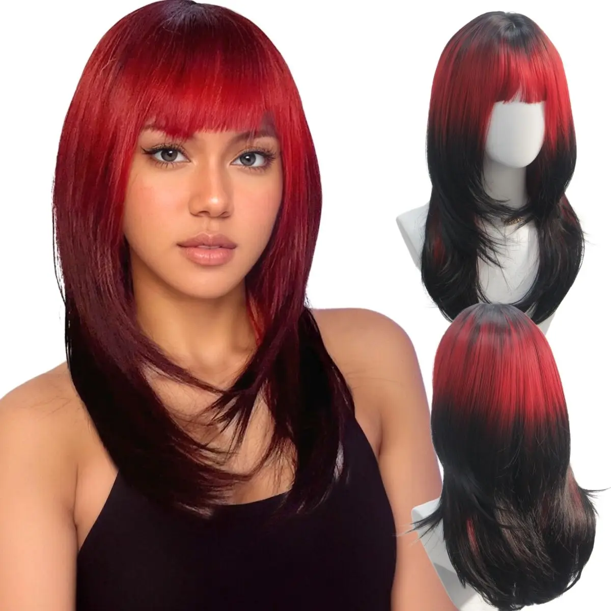 

Black Hair Top, Red and Black Gradient Color Long Hair, Japanese and Korean Style Flat Bangs Layered Hairstyle, Sweet and Cool Style Ladies Chemical Fiber Wig, Suitable for Daily Life, Parties, Stage