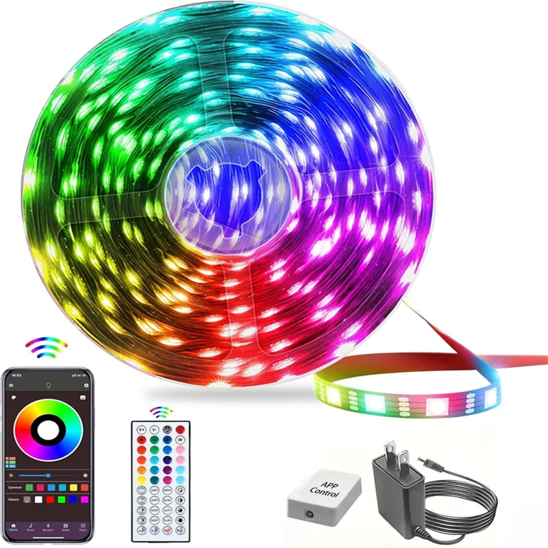 100FT Smart LED Light Strip with 44 Keys IR Remote,with Adhesive Backing Adjustable Brightness App Control for Decoration