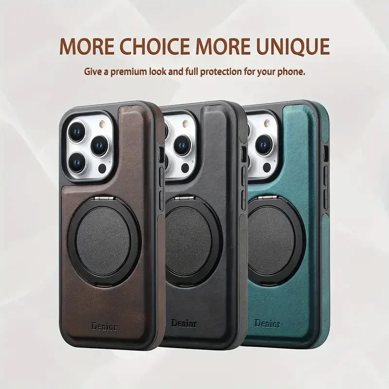360° Rotate Magnetic Ring Stand Holder Phone Case for iPhone 17 Air 16 15 14 13 12 Pro Max Shockproof PU Leather Mag-safe Cover