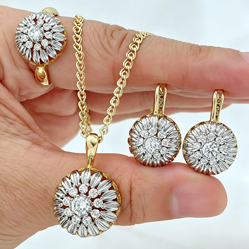 Kinel Hot Shiny Natural Zircon Ring Earrings Necklace For Women Plated Real 14K Gold Silver Color Mix Daily Fashion Jewelry Stes