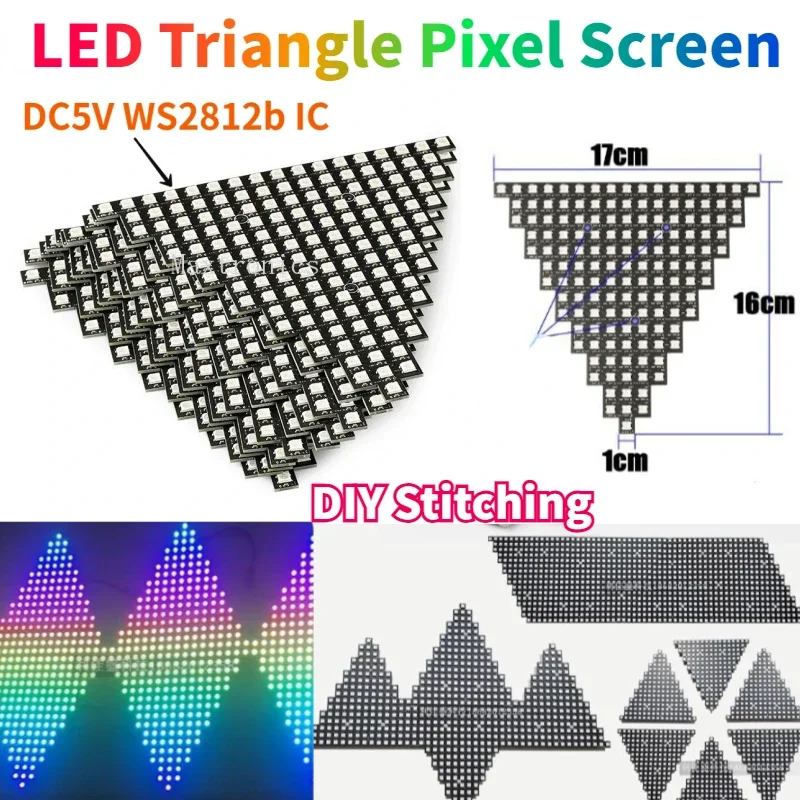 Diy costura ws2812b rgb led triângulo pixel painel de tela módulos digitais cor individualmente endereçável programável dc5v