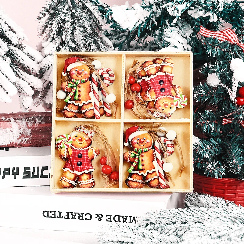 12pcs Christmas Gnomes Wooden Pendants Wood Gingerbread Man Xmas Tree Hanging Ornament Christmas Decor For Home New Year Navidad