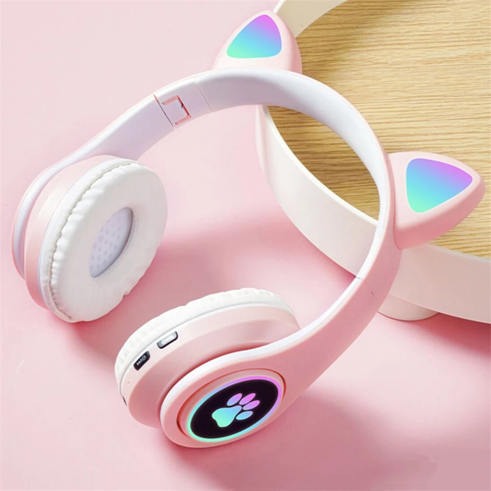 Cat Ear Headphones RGB Color LED Light Over Ear Bluetooth Headset Headband Gaming Wireless Earphone With Mic TF Card 3.5mm AUX