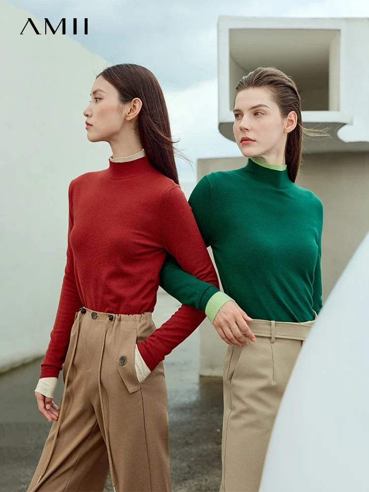 AMII Minimalism Women's Sweater Mock Neck Long Sleeve Pullover Tops 2025 Autumn New Slim Basic Solid Knitted Sweaters 12363002