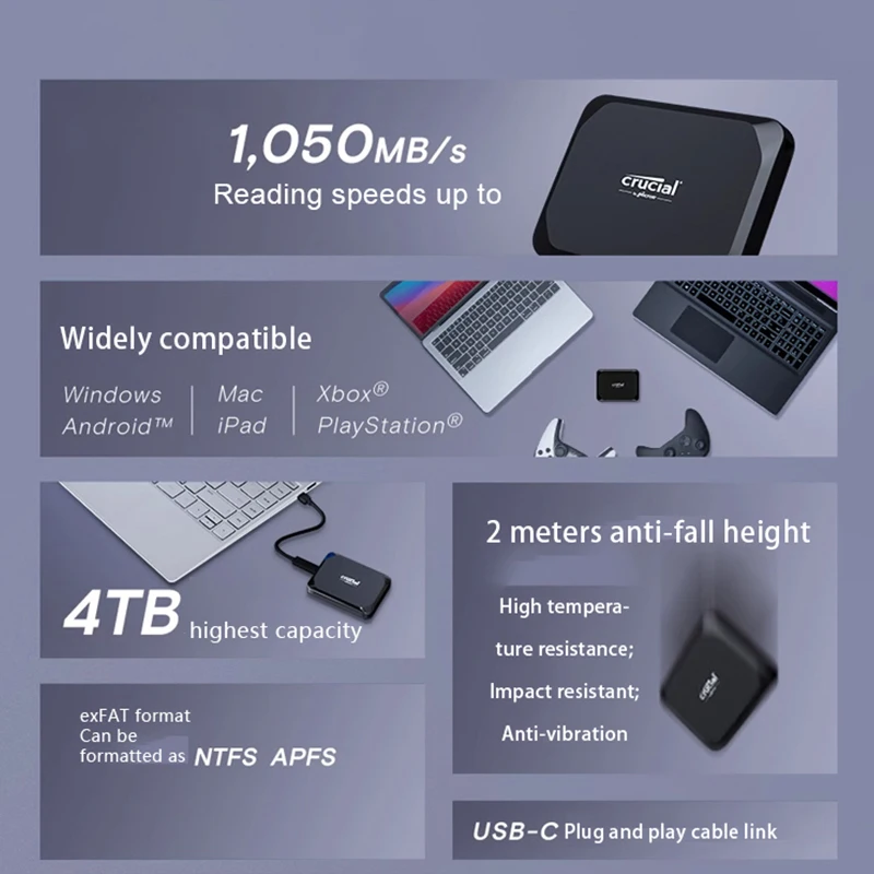 SSD portatile Crucial X9 Leggi fino a 1050 MB/s 1TB 2TB 4TB Unità a stato solido esterna USB 3.2 Leggero piccolo con 3 per PC Mac