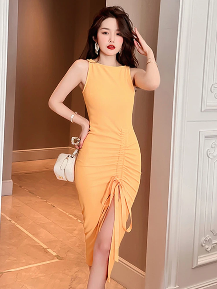 Casual Sweet Party Dresses for Women Chic Sexy Vest Skinny Bandage Folds Slit Robe Feminine Prom Holiday Club Vestidos Vacation