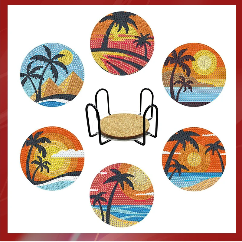 

PhotoCustom 6pc/Sets Diamond Painting Coaster Set Scenery Coasters Diy Diamond Art Crafts Supplies For Beginners Dining Room Dec