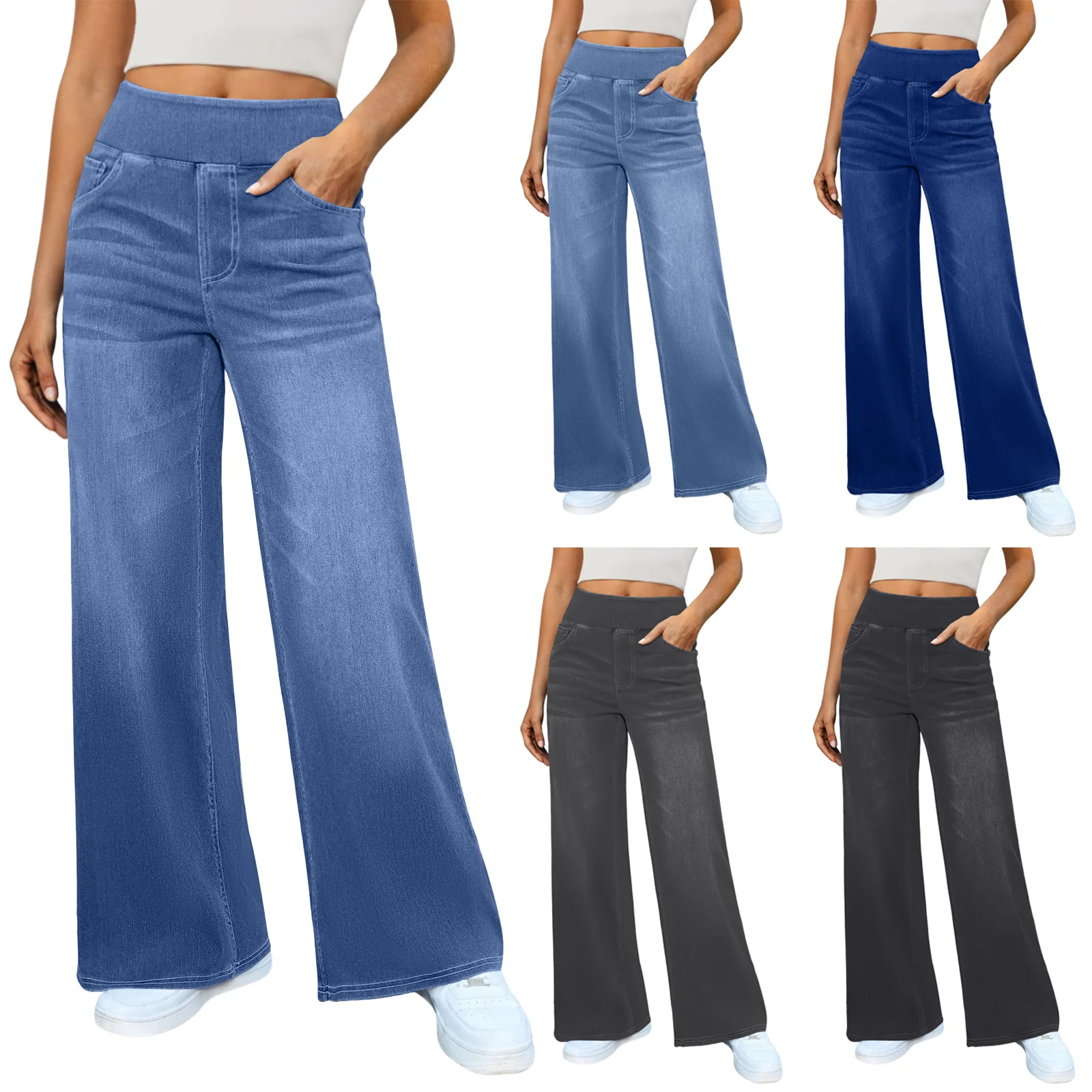High Waisted Slimming Jeans Wide And Loose Wide Leg Jeans Spring And Autumn Women'S Jeans Pocket Elastic Waist Jeans