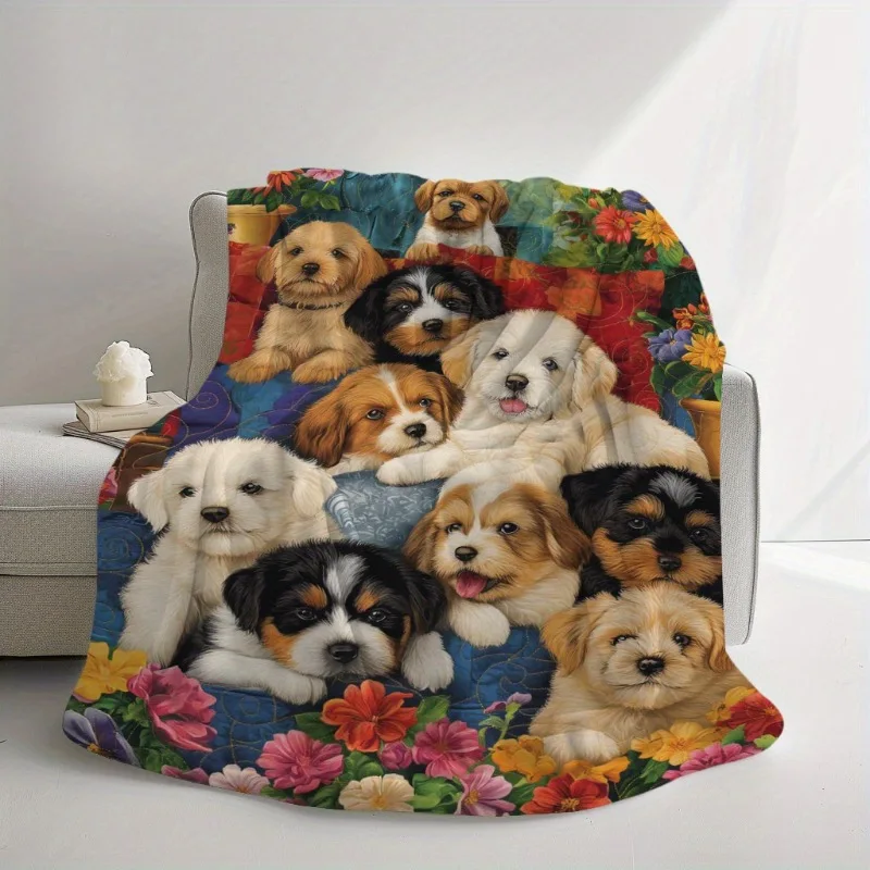 Cozy Dog & Floral Print Flannel Blanket - Soft Warm Throw for Naps Camping Travel | Perfect Gift for Pet Lovers Friends & Family