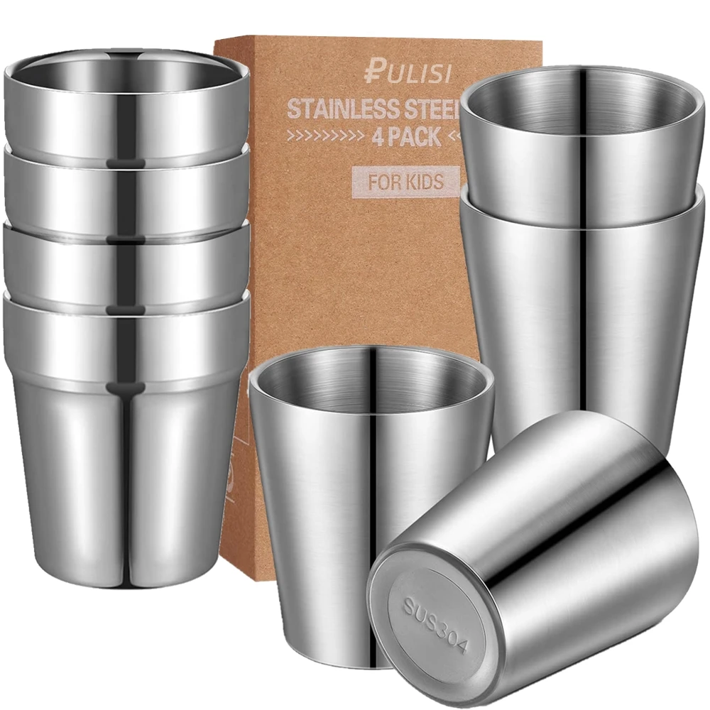 304 Stainless Steel Metal Drinking Mugs 4 PCS Coffee Cups Double Wall Stackable Reusable Outdoor Camping Cup Set Home Drink-ware