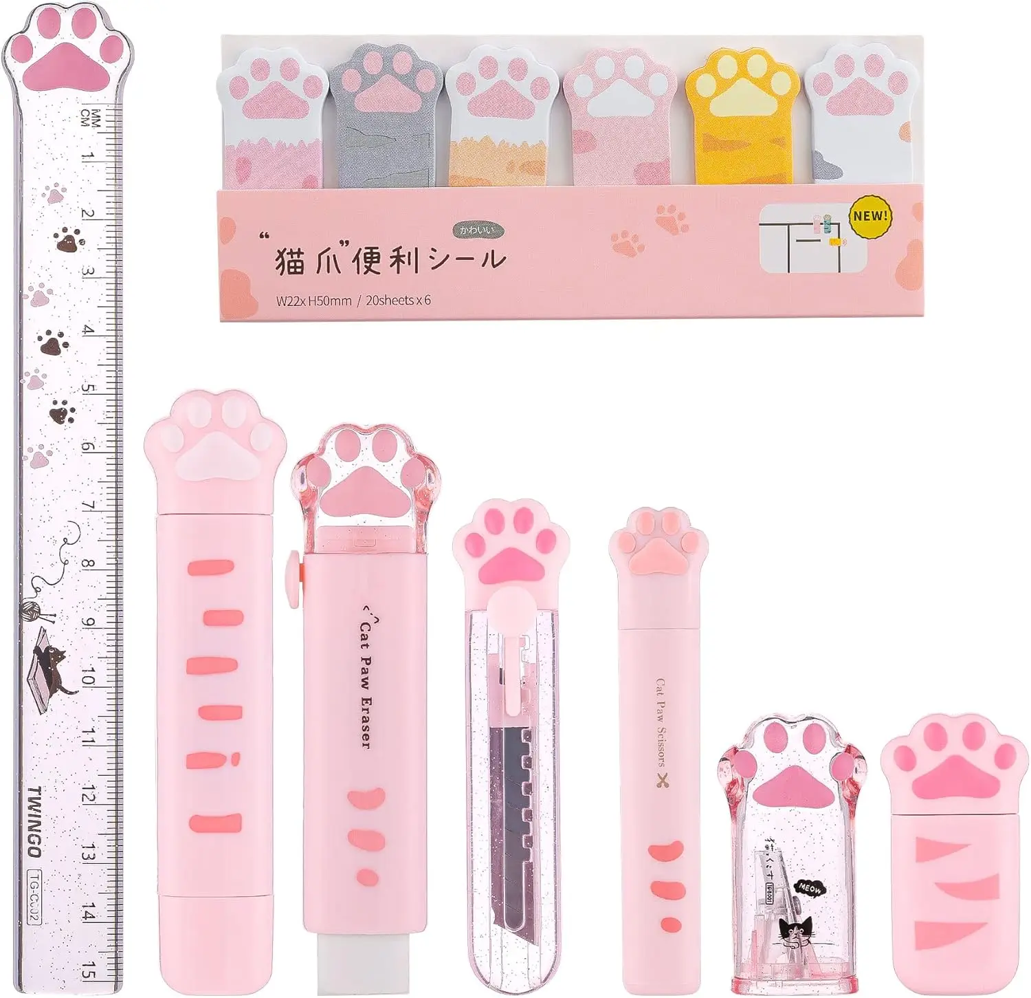 

8Pcs Cat Paw Stationery Set: Sharpener, Eraser, Tape, Sticky Notes, Ruler, Scissors, Knife for Cat Lovers Students (Pink)