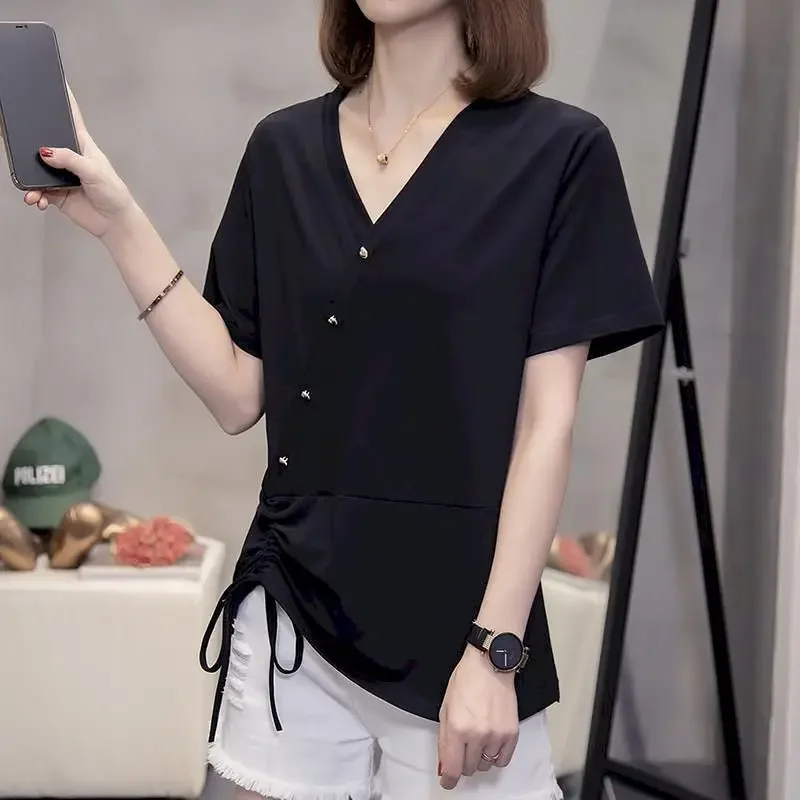 

Oversized T Shirt Womens Clothing 2024 Summer New Short-sleeved T-shirt Fashion Trend Loose V-neck Drawstring Top Casual Tshirt