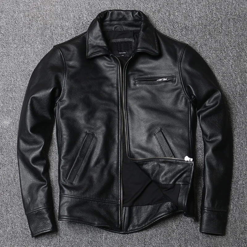 

YR!Free shipping.Wholesales.derme men black slim cow leather jacket.natural quality genuine leather coat.biker leather outwear