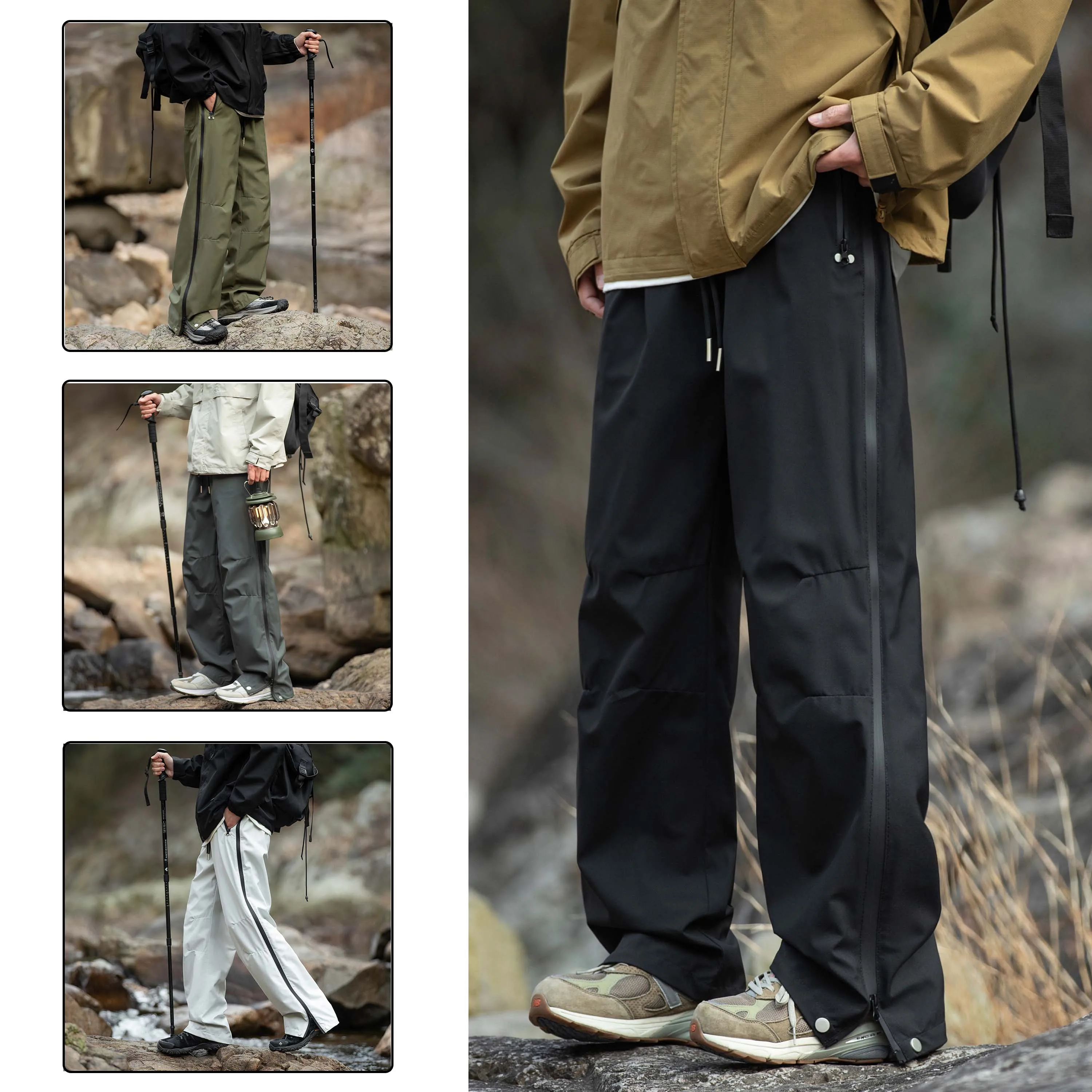 Men Waterproof Straight Side Zipper Cargo Pants Outdoor Windproof Hiking Pants American Style Trendy Triple Defense Straight-leg