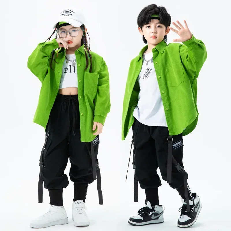 

Boy Kpop Hip Hop Clothing Green Long Sleeve Shirt Oversize Top Black Tactical Pants Kids Streetwear Girls Jazz Dance Costume