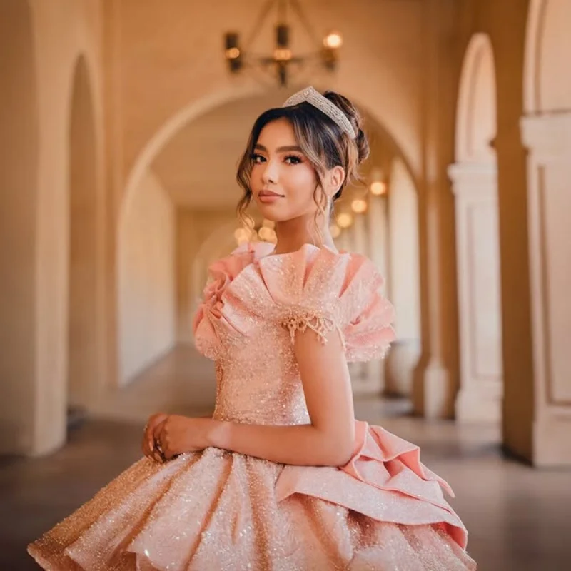 

Customized Shiny pink Quinceanera Dresses Off the Shoulder Sequin decal crystal Big Bow Tull Long tail Vestido 15 Quinceanera