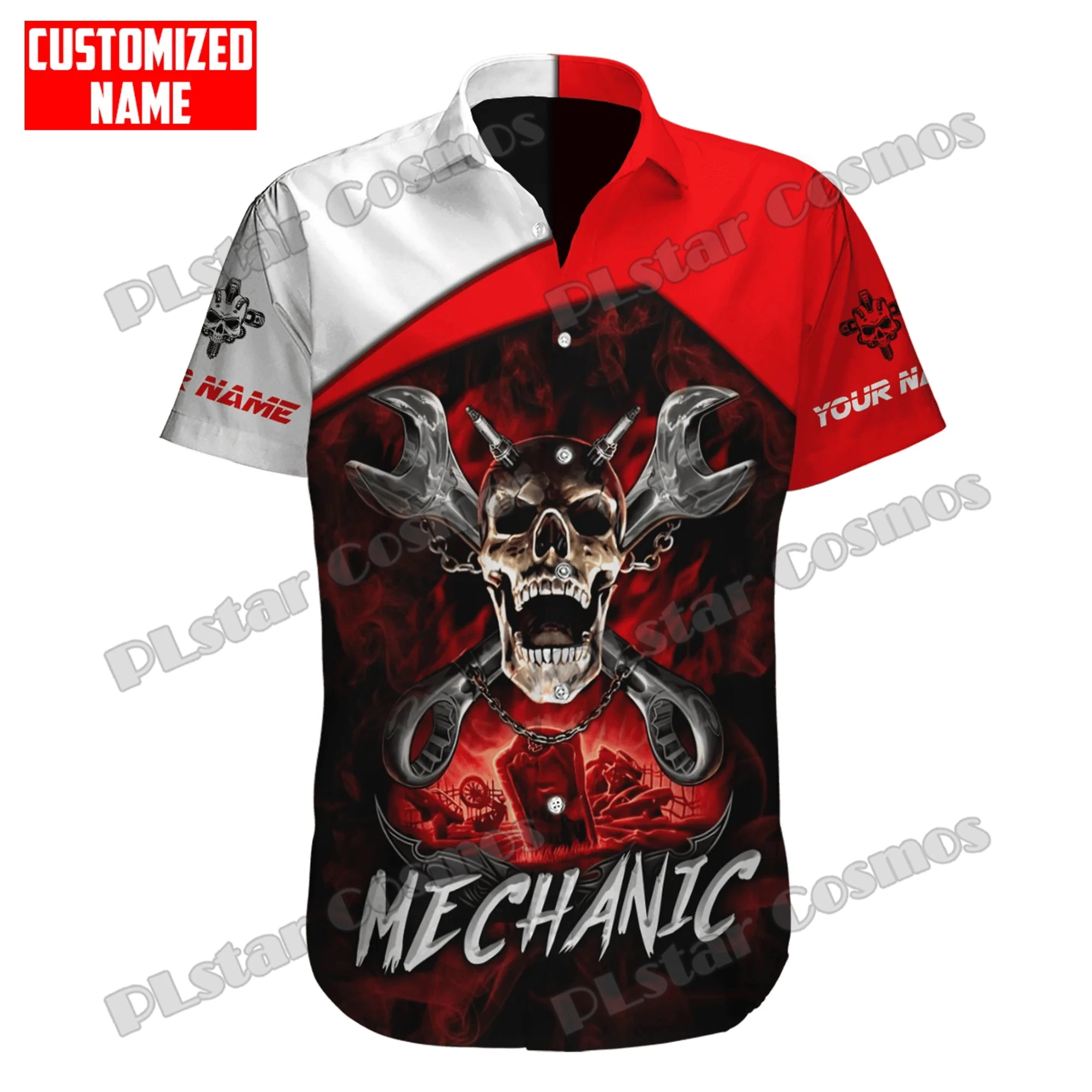 Customized Name Auto Mechanic Skull 3D Printed Men's Hawaiian Shirt Unisex Summer Casual Short Sleeve Button Down Shirts CY-39