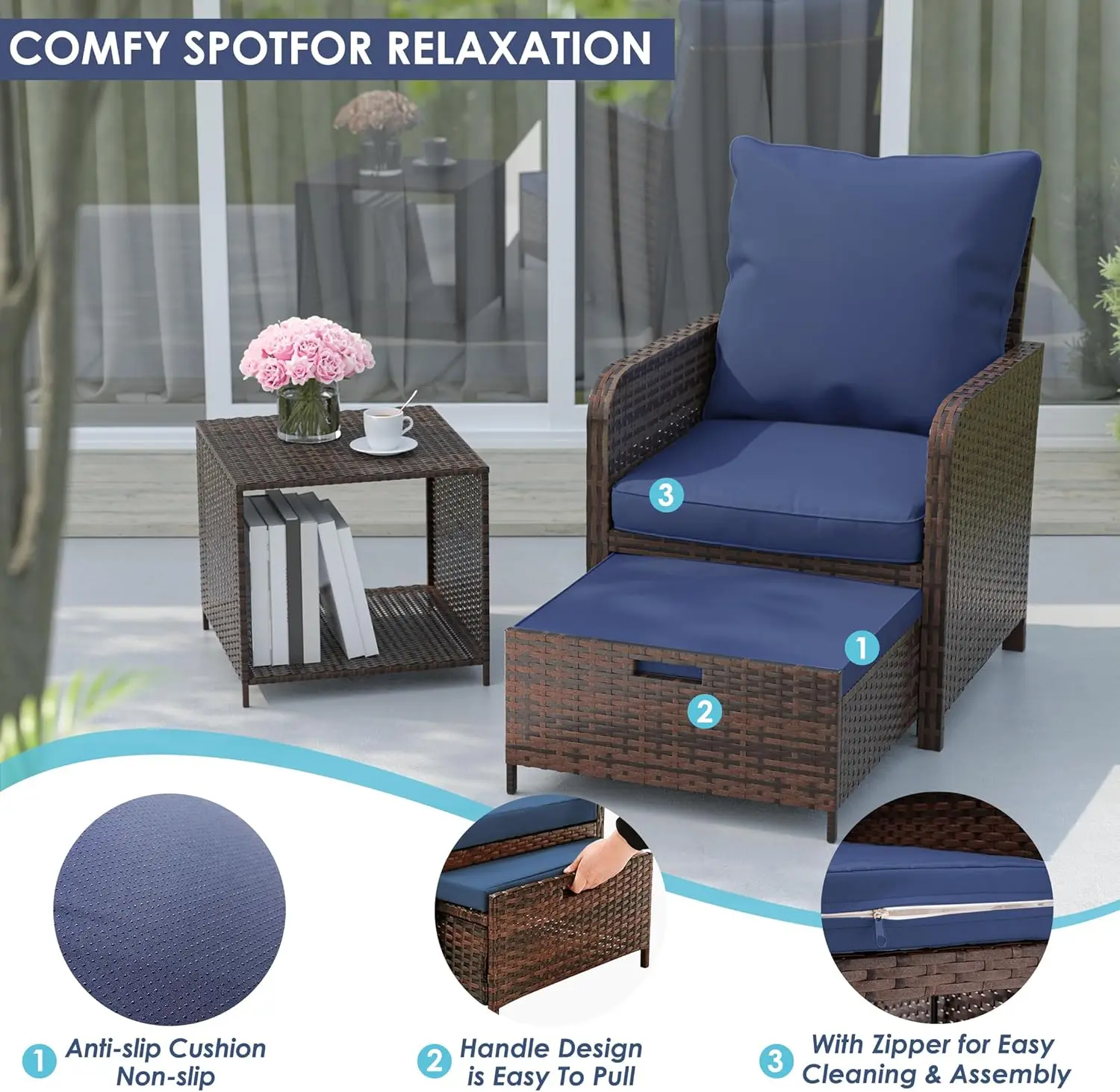 Patio Furniture Set Wicker Outdoor Patio Chairs with Ottomans Rattan Conversations Sets Storage Coffee Table for Garden Poolside