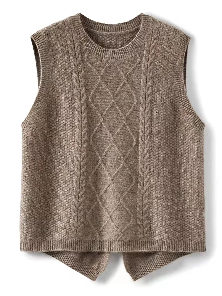 

Back Slit Cable Knit 100 Pure Wool Sleeveless Vest Women O-neck Loose Thick Waistcoat