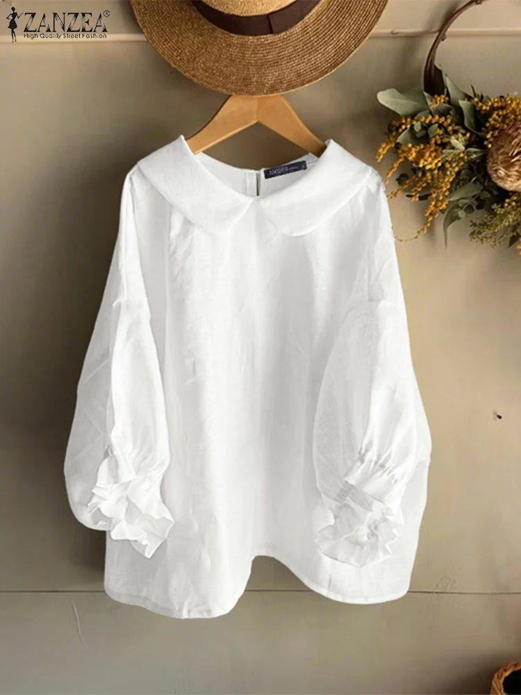 

ZANZEA, женская блузка, модные корейские рубашки, осень 2024, с рукавами-фонариками, однотонные, с воротником Питера Пэна, повседневные свободные топы, свободные блузки