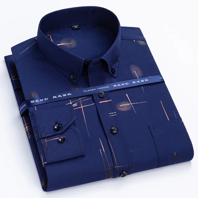 Męska koszula z nadrukiem Jesień Wiosna Długi rękaw Cienki Nieżelazny Moda Biznesowa Przypadkowa Społeczna Przeciwzmarszczkowa Krata Slim Fit Chemise Hom