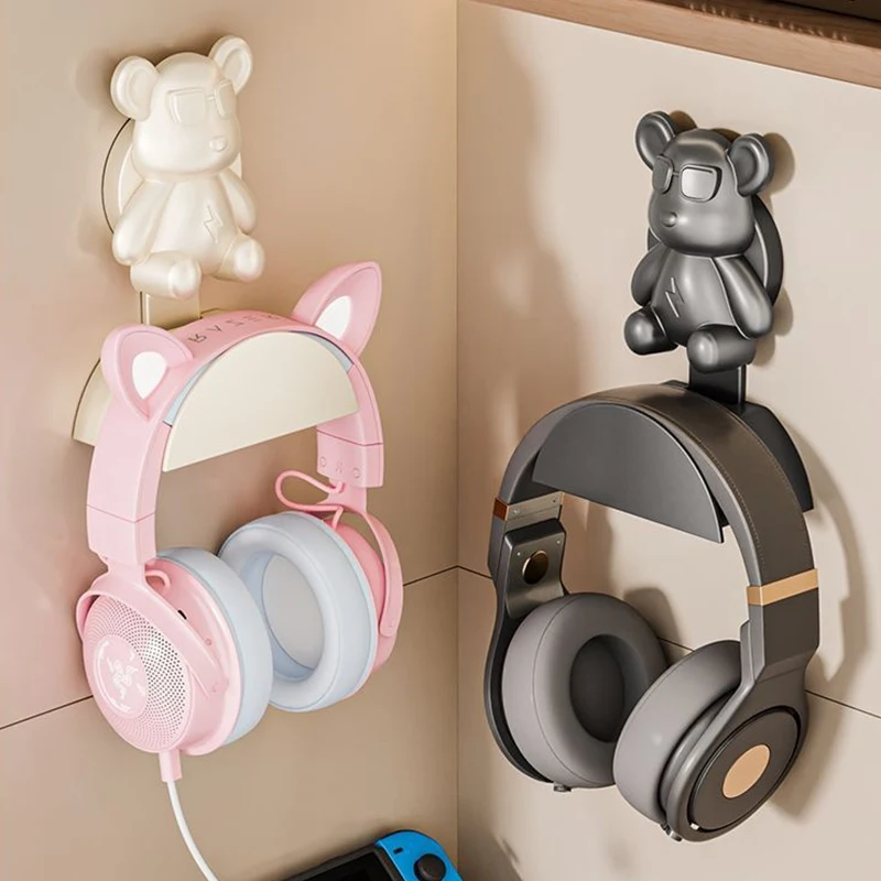 Bear Universal Headphone Stand Adhensive Plastic Wall Mount Hanger Under Desk Headset Rack Holder Support Game Earphone Bracket