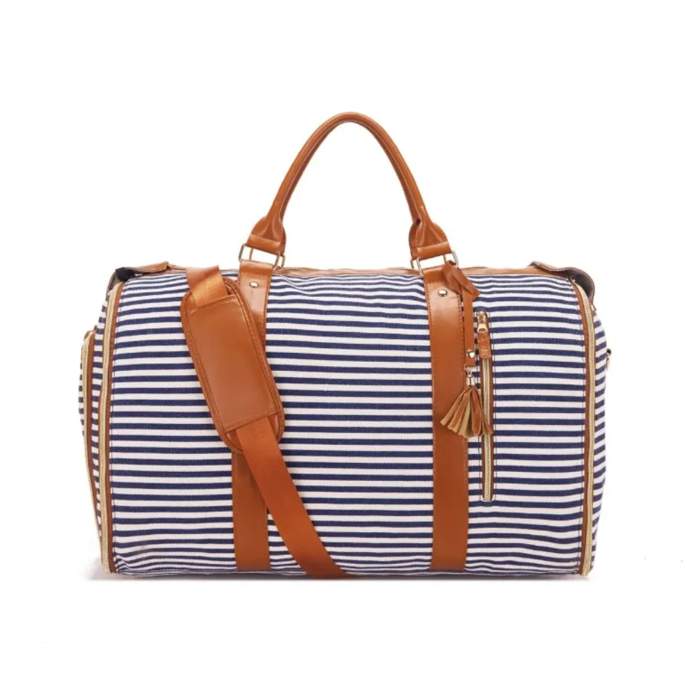 

4-in-1 Striped Large Capacity Travel Bag Foldable Expandable Duffle Bag Convertible PU Material Garment Bag Hanging Suitcase