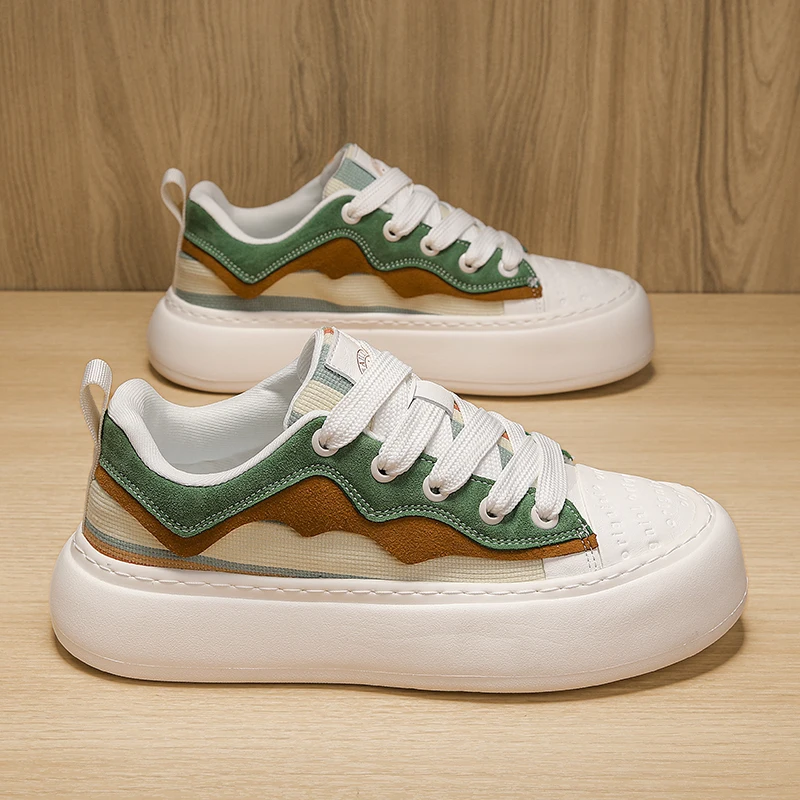 

Новые износостойкие и противоскользящие вулканизированные мужские туфли для доски на толстой подошве, повседневные туфли на плоской подошве с цветными блоками и шнуровкой