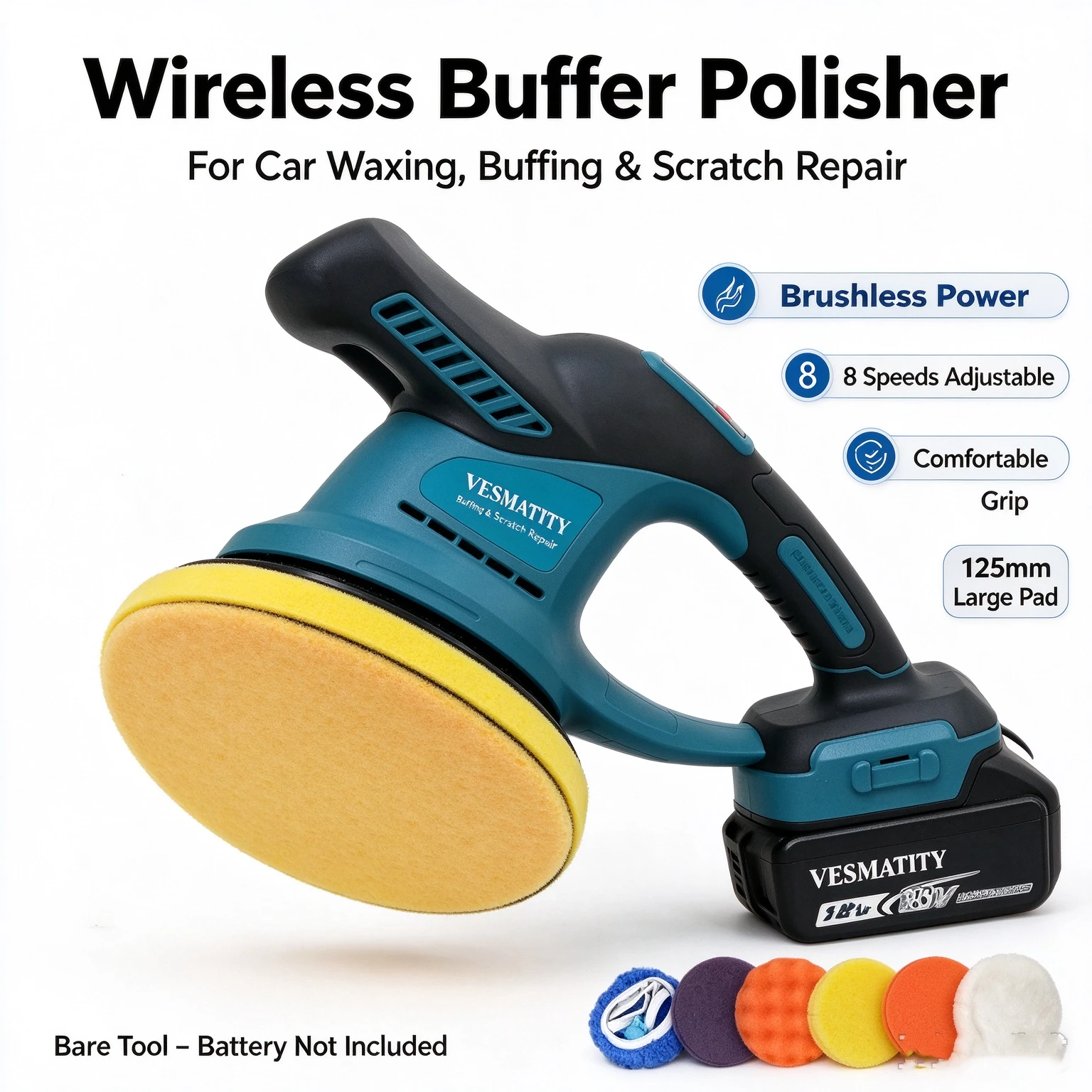 Brushless Cordless Car Polisher 18V-20V 8 Gear 125mm Wireless Buffing Machine for Automotive Waxing Scratch Repair Bare