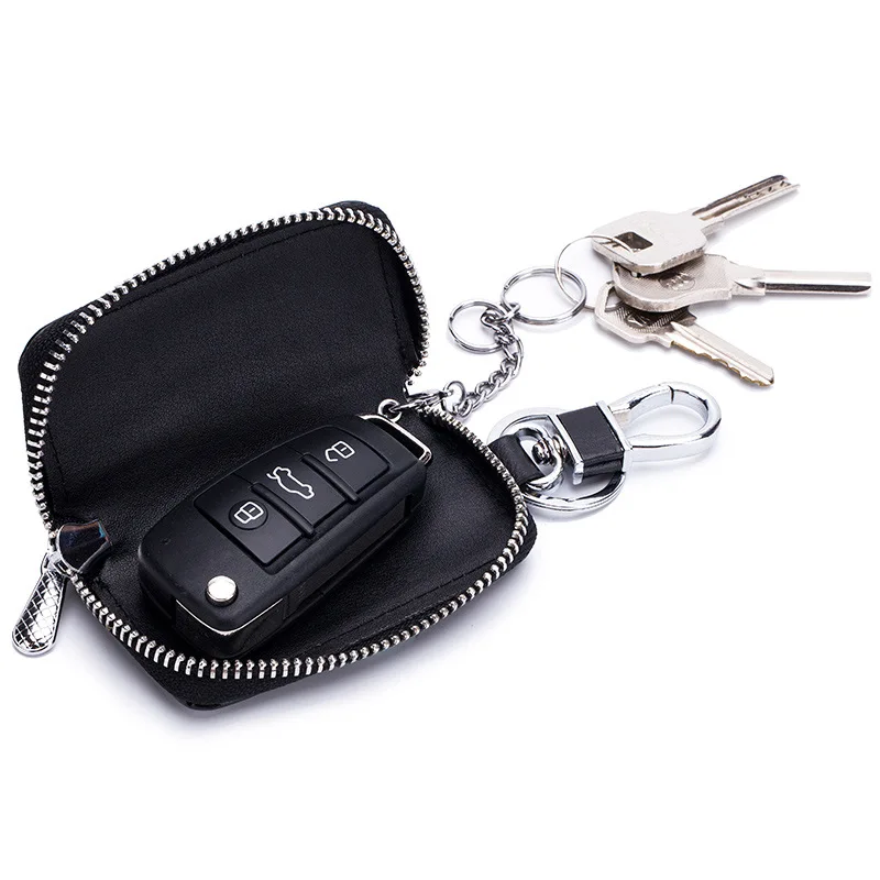 Unisex Genuine Leather Car Key Case for Men and Women Crocodile Print Car Smart Key Fob Zipper Case with Keychain and Metal Hook