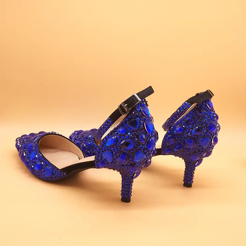 Royal Blue Rhinestone Wedding shoes and heart bags set woman shoes crystal Party dress shoes Bride Ankle strap women shoes