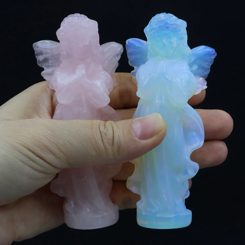 Loveliness Angel Statue Natural Rose Quartz Crafts Decoration Opalite Carving Angel Healing Crystal Energy Stone Witchcraft Gift