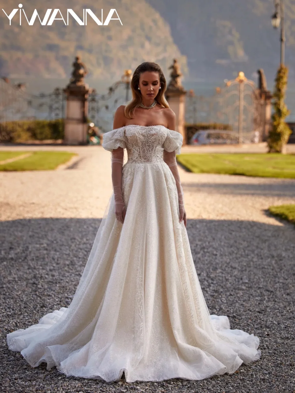 

Dreamy Glitter Tulle Wedding Dress Without Gloves Off Shoulder A-line Long Bridal Gown Customized Romantic Dresses For Bride