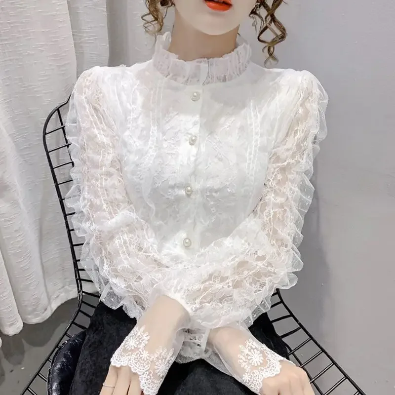 

Fashion Korean Soft Wear Blouse Women Stand Collar Office Lady Shirts Long Sleeve Lace Tops Vintage Elegant Female T342