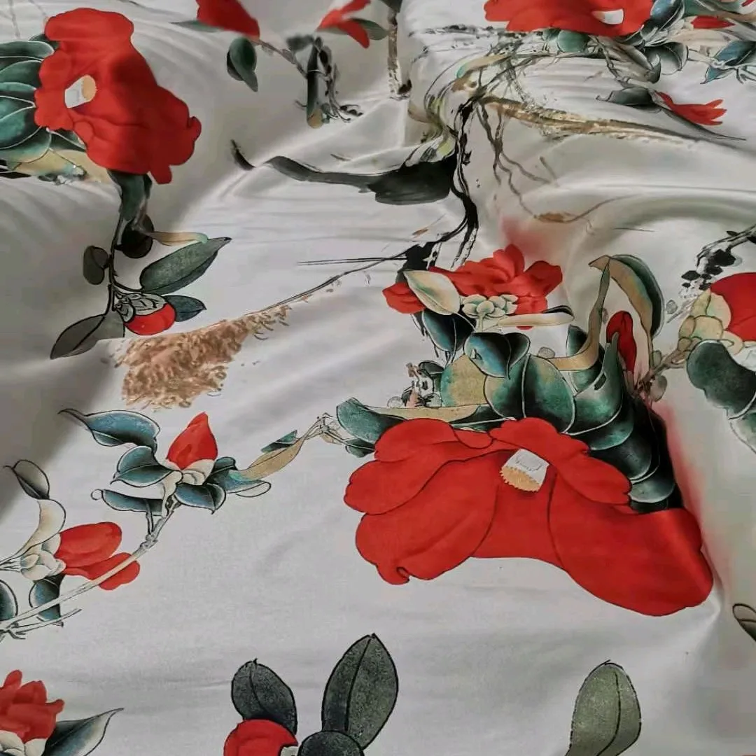 

1 meter 95% Mulberry Silk 5% Spandex 20 momme Charmeuse Silk Fabric Big Red Floral Printed 114m 44" wide by the yard XX107