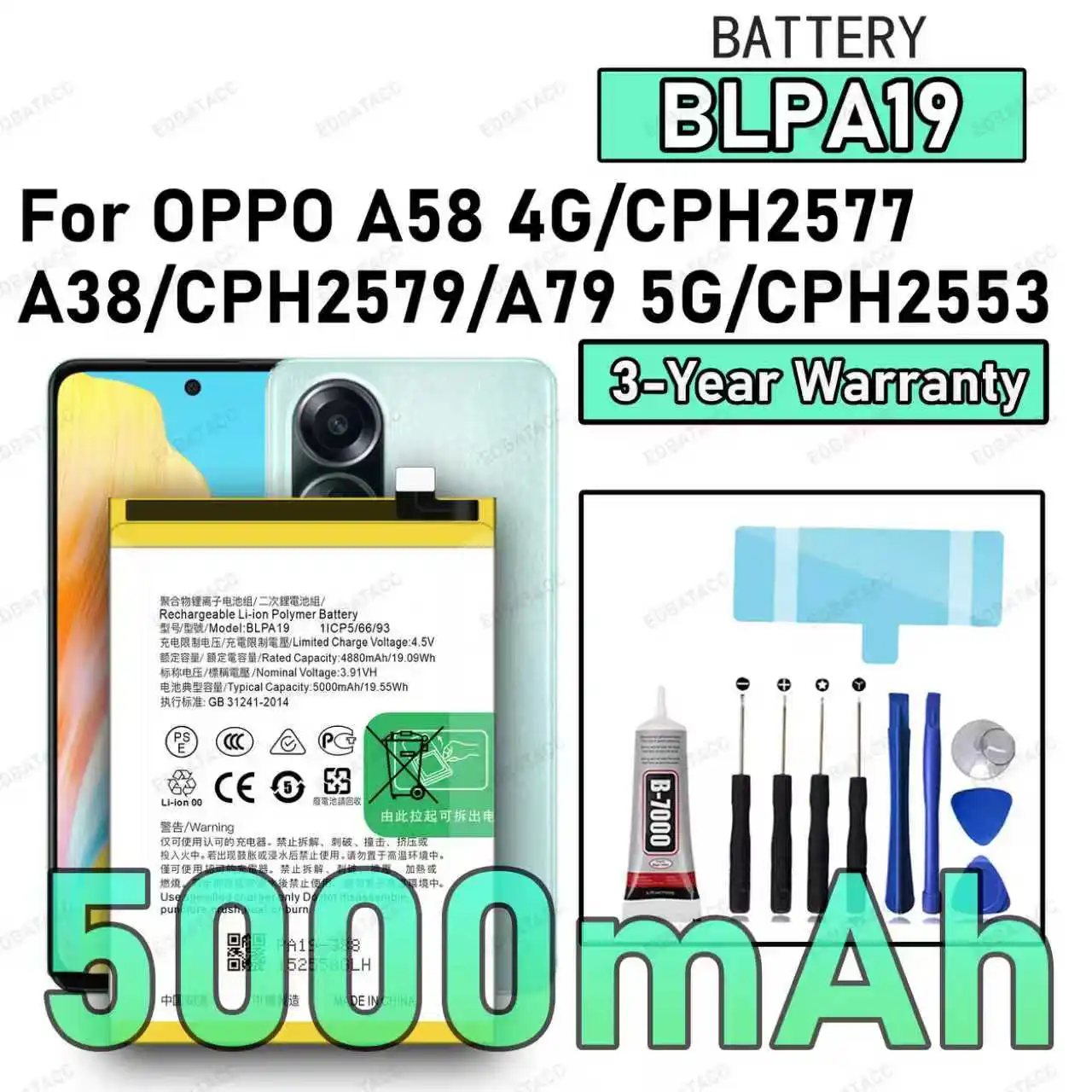 

100% New High Quality BLPA19 Battery For OPPO A58 4G/CPH2577/A38/CPH2579/A79 5G/CPH2553 Replacement Battery Bateria+Free Tools