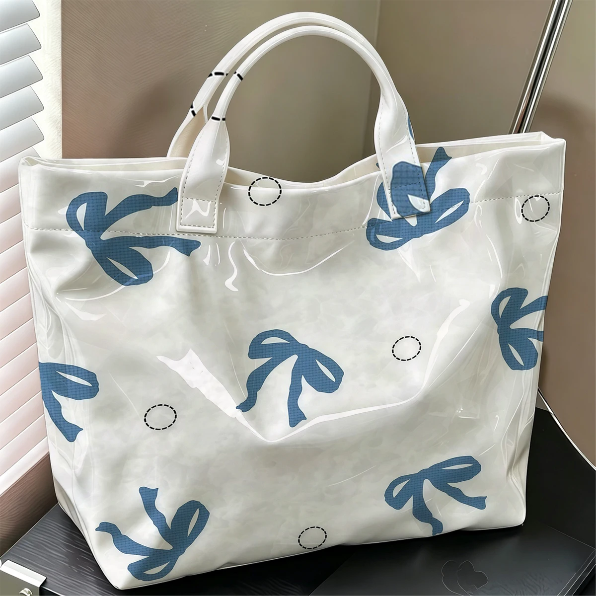 Blue Bow Print Stylish Large Glossy PVC Tote Bag Washable Waterproof Durable Ideal for Travel Commute Cosmetics Books Handbags