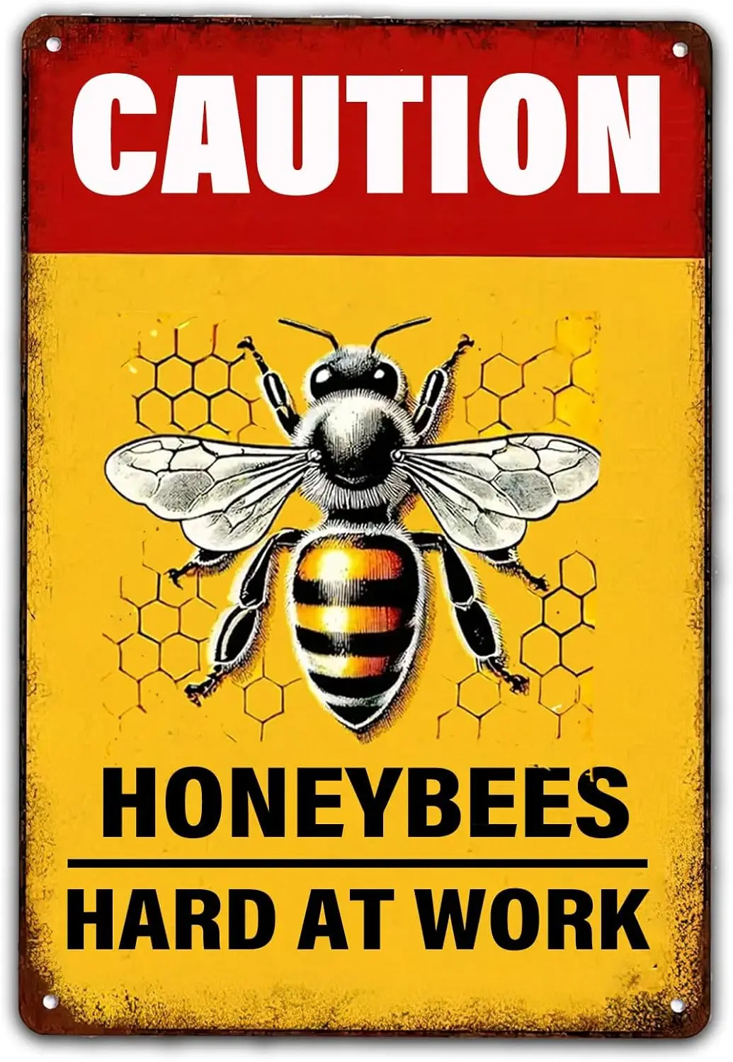 Caution Honeybees Hard At Work Metal Tin Sign,Honey Bee Wall Art Iron Poster Painting Tin Signs for Home Cafe Bar Farm Garden Of