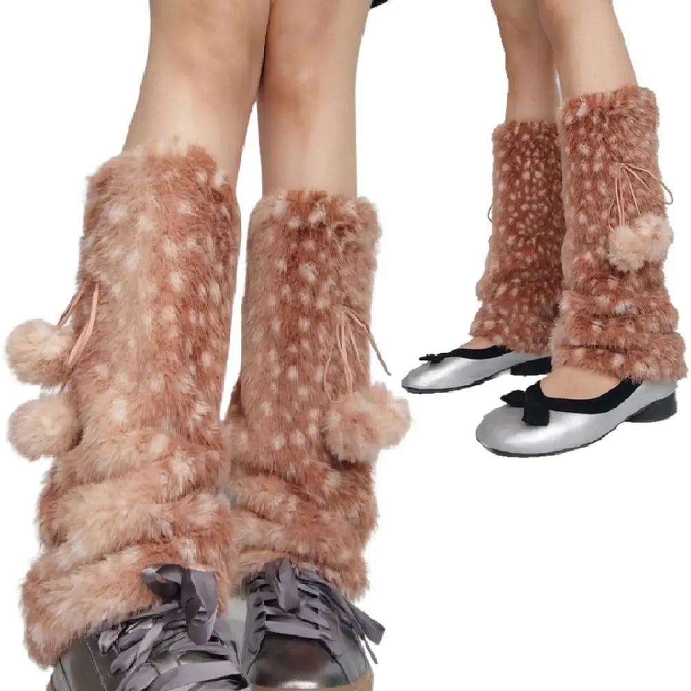 

Japanese Style Y2K Faux Fur Leg Warmers Fur Ball Fawn Dot Mid-calf Socks Soft Sweet Knee High Girls Socks Performance Costume