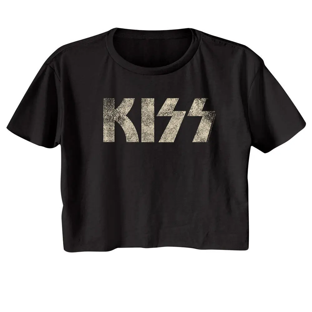 Kiss White Chalk Distressed Logo Women's Crop Top T Shirt Rock Music