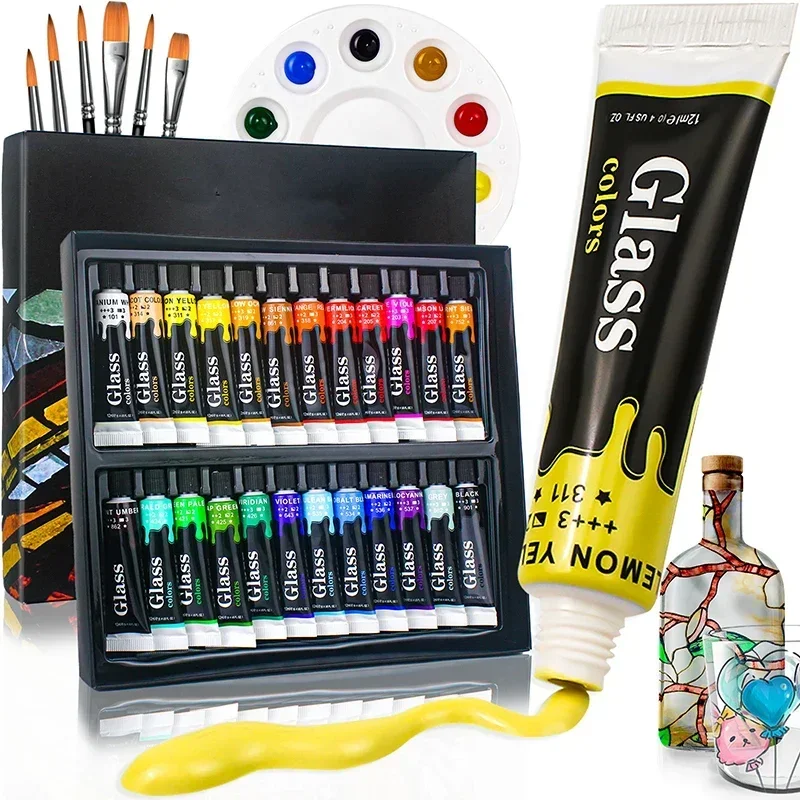 12 24 Color Glass Paint Set with 6 Nylon Brushes, 1 Palette, Waterproof Acrylic Paint Kit for Kids Students Beginners