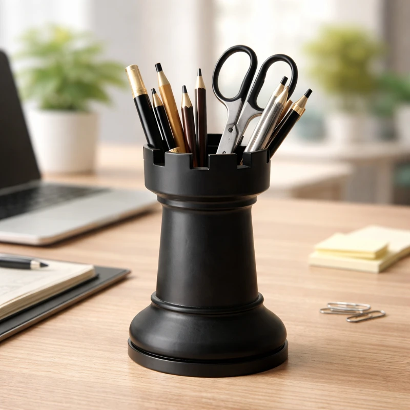1 pièce : Organisateur de bureau à thème échecs, double usage (stylos et cosmétiques), portable pour l'école, la maison et le bureau