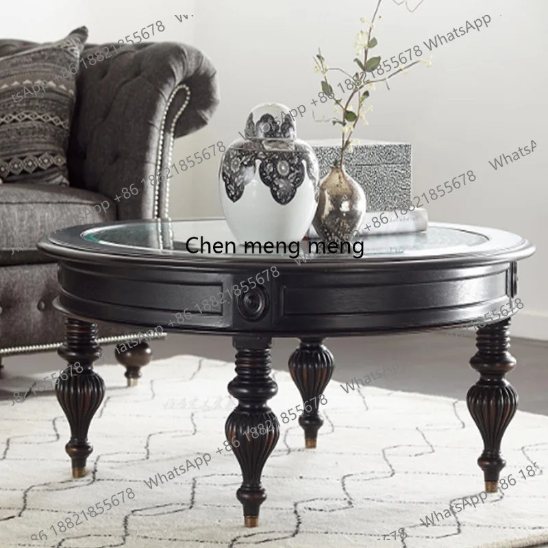 American Style Solid Wood Coffee Table Vintage Carved Antique Rattan Small Apartment Round Tempered Glass Tea Table Black