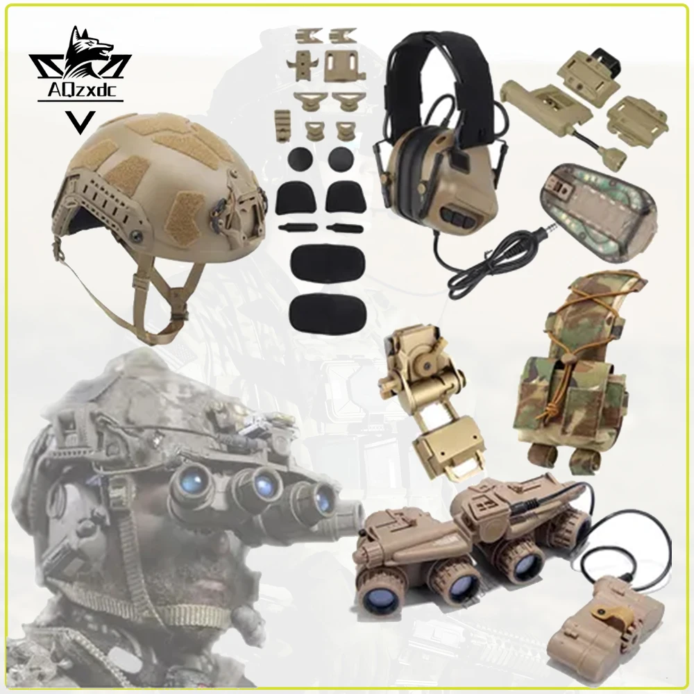 

Tactical Airsoft Helmet Set with Communication Headset NVG Model Signal Light Helmet Light Metal Bracket for CS Shooting Hunting