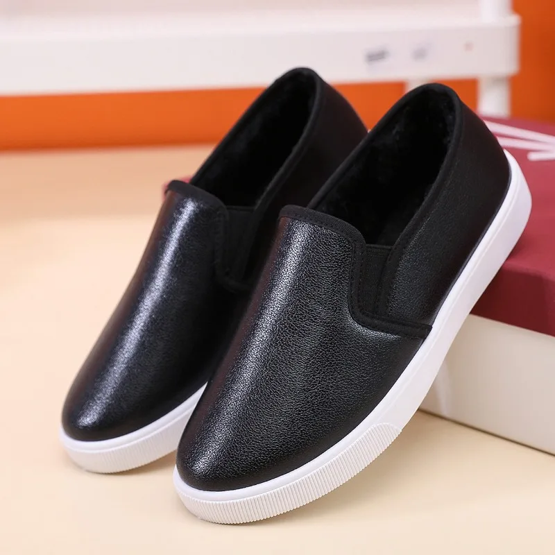 Winter Cotton Shoes for Women Leather Topped White Shoes Women Versatile Korean Style Slip on Lazy Loafers Casual White Shoes