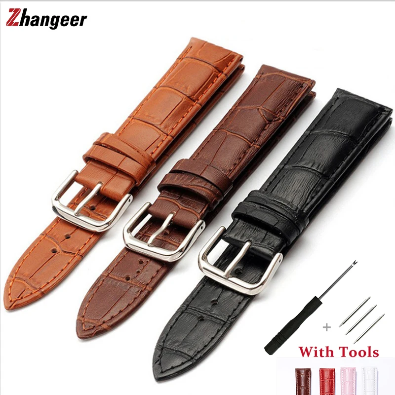 

12 13 14 15 16 17 18 19 20 22 24mm Genuine Leather Wrist Watch Band Red White Pink Women Men Watch Straps With Steel Buckle Belt