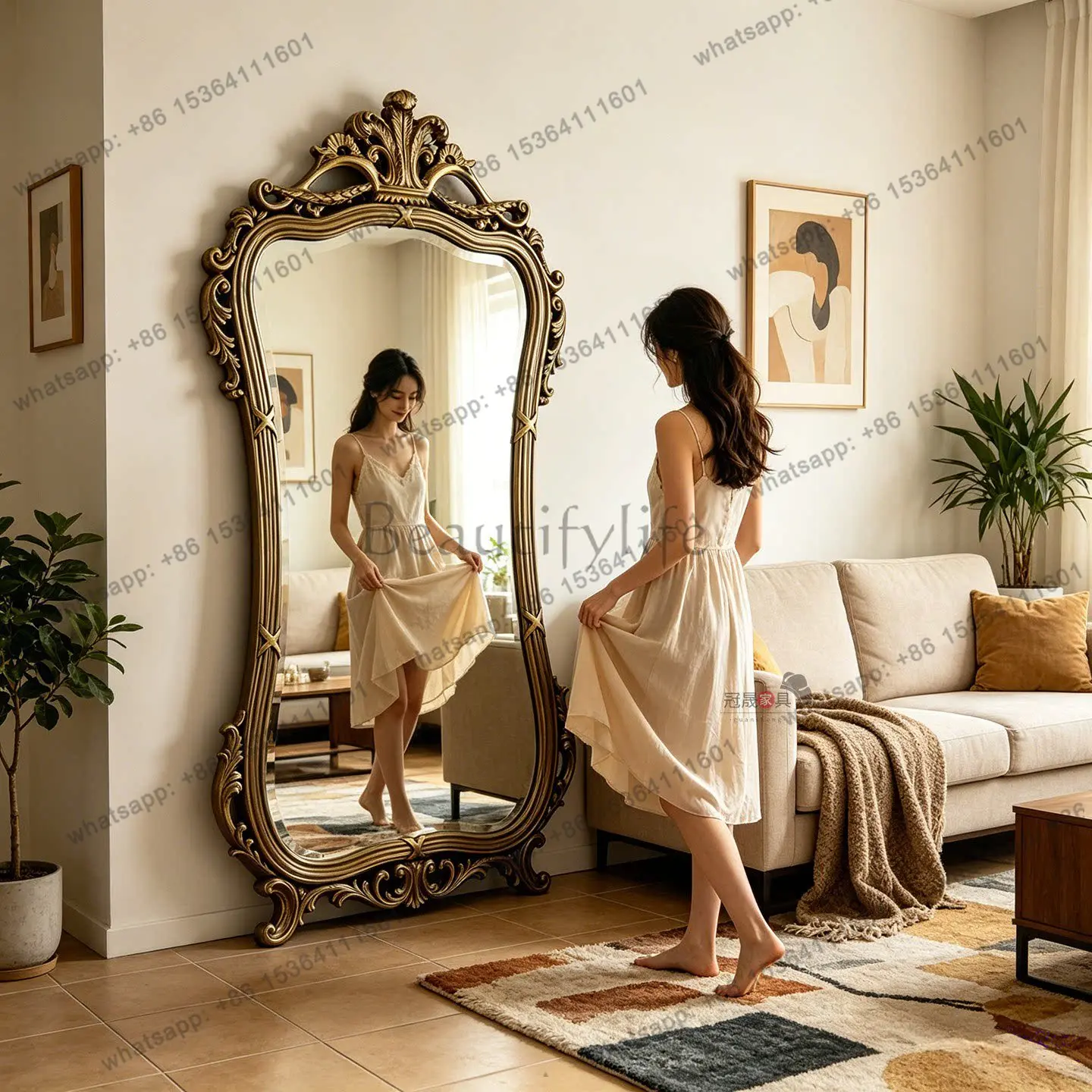 European retro special-shaped full-body mirror carved entrance living room American floor-to-ceiling wall-mounted fitting mirror