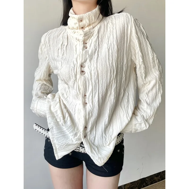 High Collar Pleated Single-breasted Loose Long Sleeve Shirt Women 2025 Autumn New High Street Fashion All-match Solid Color Tops